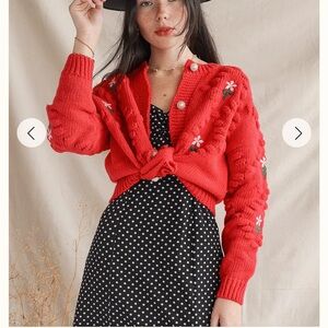 En Creme Red Floral Women's Cardigan